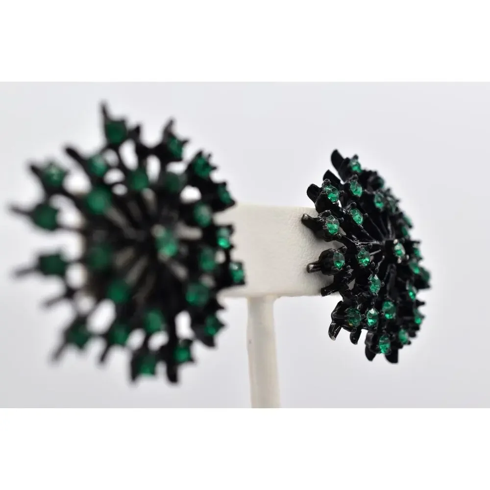 Vintage Crystal Clip On Earrings Starburst Green Rhinestone Black Metal BinBK